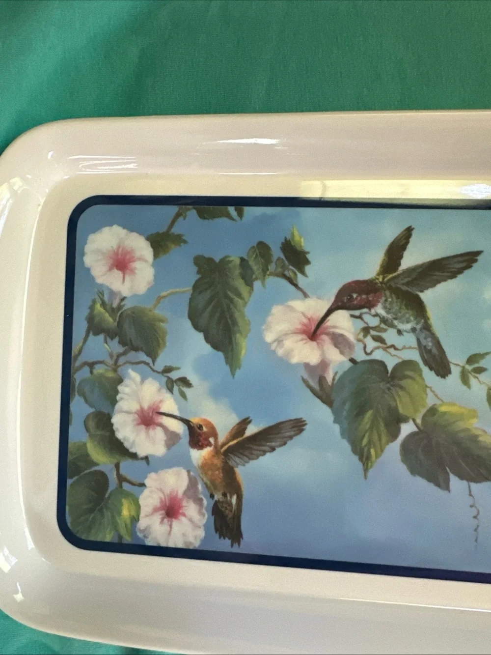 Hummingbird melamine Serving Tray in Teal and White 14.5”x6”
